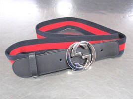 GUCCI Web Belt with G Buckle - Blue/Red